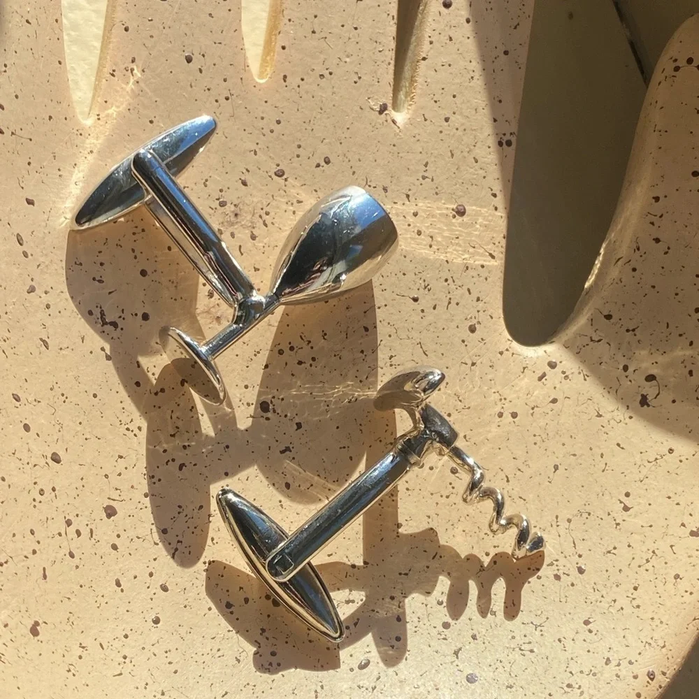 Men’s wine glass and corkscrew silver tone cufflinks